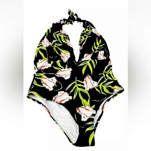 CUPSHE Black Floral Halter Plunging One Piece Swimsuit Size XL Bathing Suit NEW - Picture 2 of 10